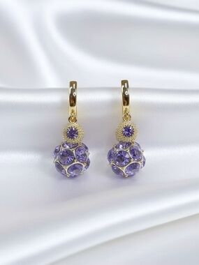 Gold-plated Purple Crystal Drop Earrings- Zircon Stone &  925 Silver Needle